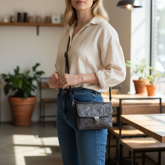 Patricia Nash Antiqued Silver Tooled Leather Crossbody Bag - Picture 16 of 16